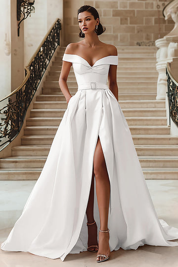 White Off the Shoulder A Line Wedding Dress with Sash